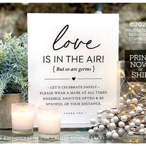 Elegant Wedding Sign Love is In the Air, but so are germs Ready to ship or Print Instantly Printable covid-19 coronavirus safety decor image 1