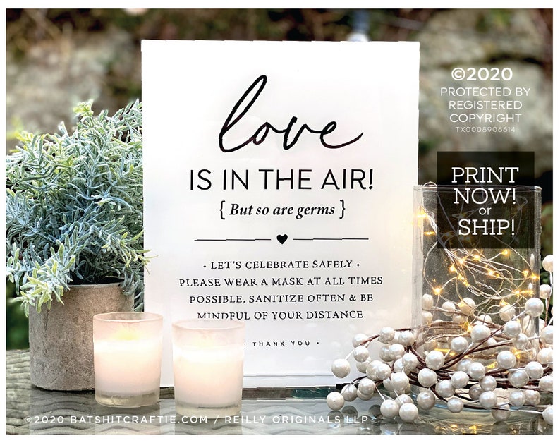 Elegant Wedding Sign Love is In the Air, but so are germs Ready to ship or Print Instantly Printable covid-19 coronavirus safety decor image 1