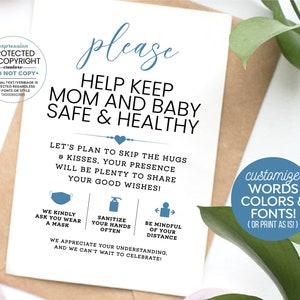 Covid Safety 4x6" Invitation Insert Card Printable, Protect Mom & Baby, Wear a Mask, Sanitize, Social Distance ~ Editable Corjl Template