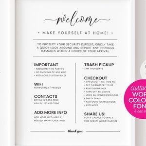 Fully Editable 8x10&quot; Printable Template ~ Welcome Sign + Rules ~ for Airbnb, Rental ~ Change all words, colors, fonts! {Create ONE design}