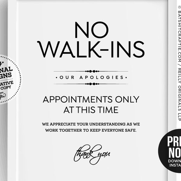 No Walk-ins By Appointment Only PRINTABLE SIGN ~ modern simple poster store cute wash hand social distance wear mask hair nail salon spa