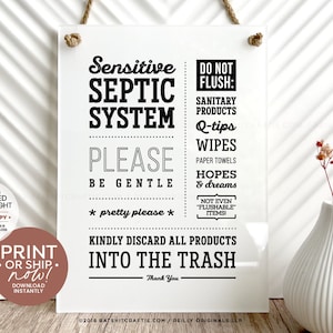 Septic Tank System Bathroom Sign ~ Ready to Print Instantly or Ship ~ Do not Flush Sanitary Products Wipes Hopes Dreams Cute Wall Art Decor