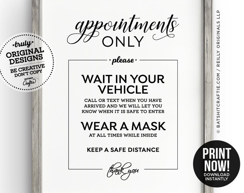 Please Wait In Vehicle Wear Mask Appointment Only PRINTABLE SIGN ~ elegant poster store cute social distance 6 feet by hair nail salon spa