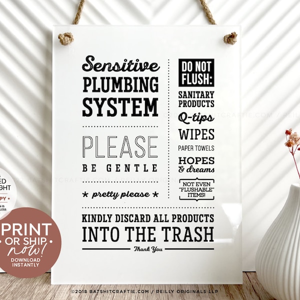 Sensitive Plumbing Bathroom Sign ~ Ready to Print Instantly or Ship ~ Do not Flush Sanitary Products Wipes Hopes Dreams Cute Wall Art Decor