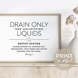 Septic System Kitchen Drain Rules Printable Sign ~ Modern, Elegant Design ~ 4x6, 5x7 + 8x10&quot; included ~ For home, airbnb and office