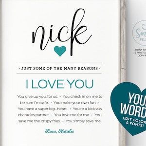 Customizable Gift for Him ~ Reasons I love you ~ Self-Editable 8x10&quot; Template ~ Instantly download, print + gift! Personalized SmileFiles™
