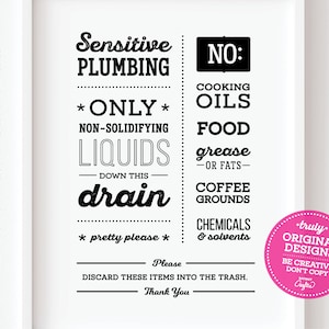 Sensitive Plumbing PRINTABLE Kitchen Sign Sink No Food Grease Coffee Grounds Paint Only Not Solidifying Liquids Toilet Home decor Drain Cute