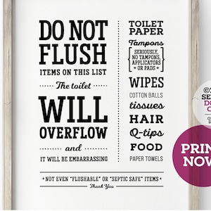 Funny PRINTABLE Bathroom Sign ~ Do not Flush toilet paper, tampons, wipes. Will overflow and embarrass! Cute Humorous Septic Wall Decor