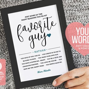 Personalized Gift for Him ~ Reasons You're My Favorite Guy  ~ Self-Editable 5x7" Template ~ Instantly download, print + gift! Smile Files™