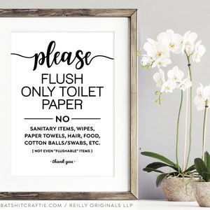 Cute Flush Only toilet paper PRINTABLE Bathroom Sign ~ Many sizes! for Sensitive Plumbing + Septic System No Sanitary Products, Wipes Etc
