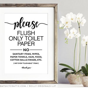 Lindo papel higiénico Flush Only Letrero de baño IMPRIMIBLE ~ ¡Muchos tamaños! para plomería sensible + sistema séptico Sin productos sanitarios, toallitas, etc.