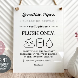 Cute Sensitive Pipes Emoji Printable Sign ~ Print or Ship Now! Flush Only Pee Poo & Toilet Paper, No flushable sanitary items, hopes, dreams