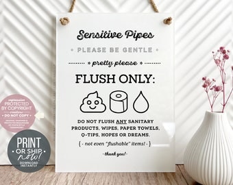 Cute Sensitive Pipes Emoji Printable Sign ~ Print or Ship Now! Flush Only Pee Poo & Toilet Paper, No flushable sanitary items, hopes, dreams
