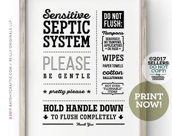 Septic System + Handle Rules ~ Hold Down to Fully Flush Printable Bathroom Sign ~ Instantly download and print! Cute toilet home decor