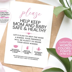 Covid Safety 4x6" Invitation Insert Card Printable, Protect Mom & Baby, Wear a Mask, Sanitize, Social Distance ~ Editable Corjl Template