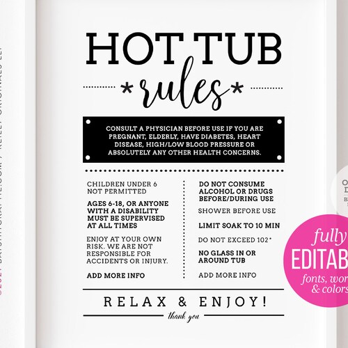 Editable Template Hot Tub Rules Printable Sign for Airbnb Etsy