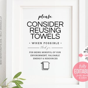 Please Reuse Towels Self-Editable Template ~ 4x6" (More Sizes in shop!)~ Customize with more instructions + colors ~ Great for Airbnb VRBO!