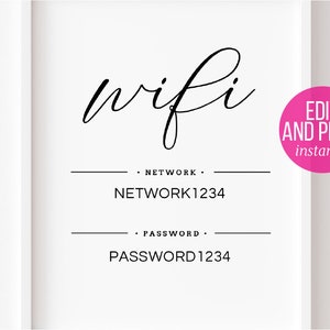 Modelo editável de senha Wifi personalizada ~ 4x6, 5x7 + 8x10" ~ Personalize com mais instruções e/ou adicione suas próprias imagens ~ Linda placa de aluguel