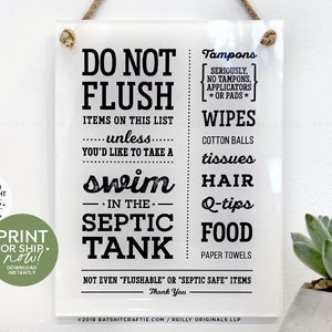 Septic System Bathroom Sign ~ Swim in the Tank ~ Ready to ship or Print Instantly! Do not Flush Sanitary Products Wipes Hopes Dreams Funny