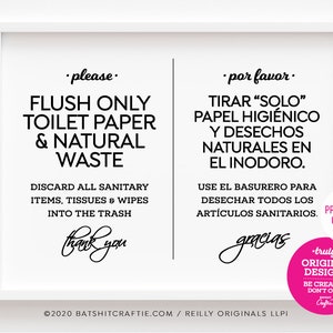 Flush Only Toilet Paper Printable Sign, Bilingual ~ Flush Only Toilet Paper & Natural Waste ~ 5x7 + 8x10&quot; ~ Download, Print and Display