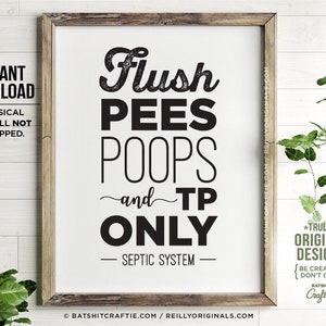 THE ORIGINAL Flush Pees Poops TP Only Septic System Printable Sign Bathroom Sensitive Plumbing Toilet Paper Fun decor Cute sanitary feminine