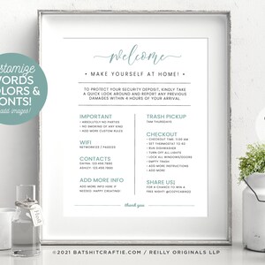 Fully Editable 8x10" Printable Template ~ Welcome Sign + Rules ~ for Airbnb, Rental ~ Change all words, colors, fonts! {Create ONE design}