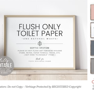 Editable Flush Only Toilet Paper & Natural Waste Sign Template, 4x6" 5x7" + 8x10" ~  Customize colors, words, fonts, add logo! For Airbnb