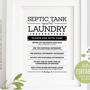 Può includere: Un cartello stampabile in bianco e nero con il testo "Septic Tank Important Laundry Instructions. Please Use With Care."  Il cartello elenca le istruzioni per l'uso della lavanderia, tra cui la spazzolatura dello sporco, l'uso del detersivo fornito, l'uso di detersivo minimo, la non utilizzazione di detersivi in polvere, la non utilizzazione della lavatrice contemporaneamente alla lavastoviglie o alla doccia, e l'attesa di quattro ore tra i carichi.