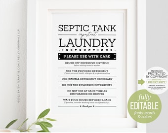 Septic Tank Laundry Rules Editable Template ~ 8x10" ~ Customize with more instructions + colors ~ Great for Airbnb VRBO! Cute home decor