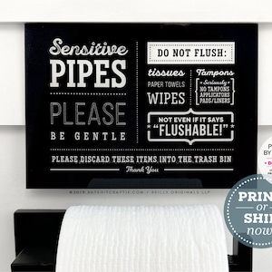 Sensitive Pipes Sign ~ Ready to Ship or Print at home Instantly! Cute &quot;Do not flush&quot; bathroom decor for home, airbnb, septic systems