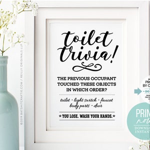 Printable Funny Bathroom Sign Toilet Trivia Game, Wash Your Hands, You Lose! Humorous Wall Art Decor for the fun home! Instantly download