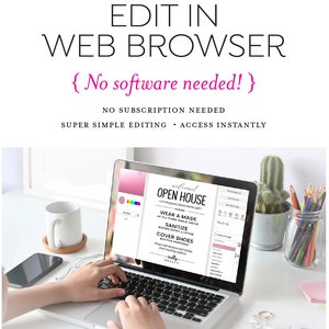 K&ouml;nnte beinhalten: Ein Laptop zeigt eine Designvorlage mit dem Text "OPEN HOUSE". Der Bildschirm zeigt ein rosa-wei&szlig;es Design mit Anweisungen zum Tragen einer Maske, Desinfizieren und Bedecken der Schuhe. Auf einem wei&szlig;en Schreibtisch mit einer Tasse, einem Telefon und einem Kaktus.