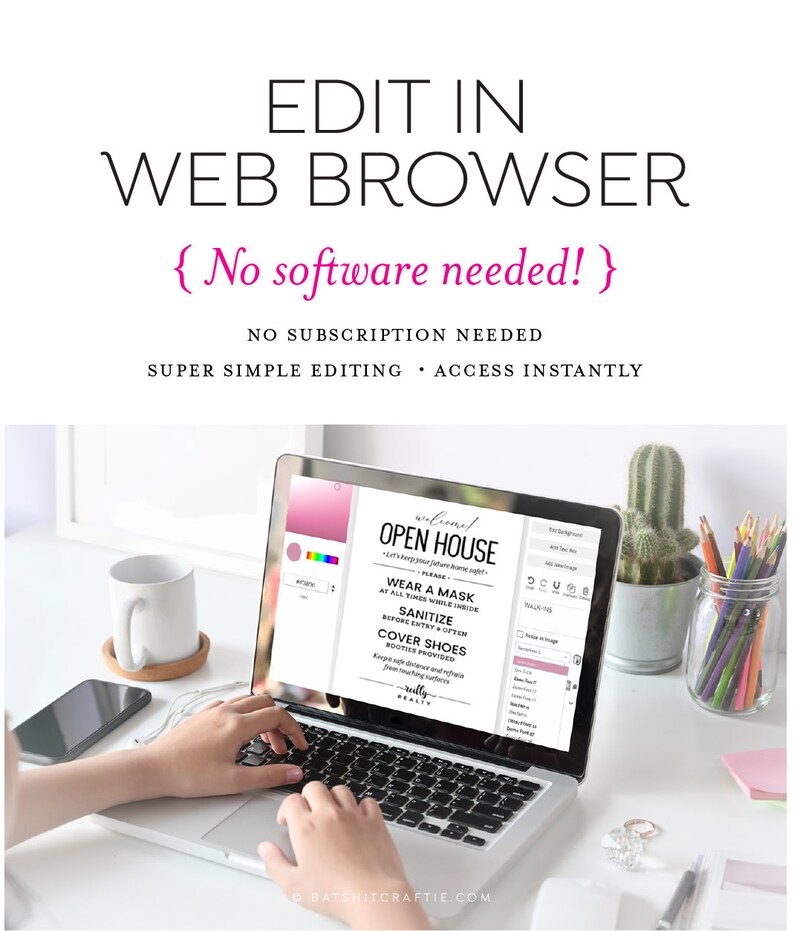 K&ouml;nnte beinhalten: Ein Laptop zeigt eine Designvorlage mit dem Text "OPEN HOUSE". Der Bildschirm zeigt ein rosa-wei&szlig;es Design mit Anweisungen zum Tragen einer Maske, Desinfizieren und Bedecken der Schuhe. Auf einem wei&szlig;en Schreibtisch mit einer Tasse, einem Telefon und einem Kaktus.