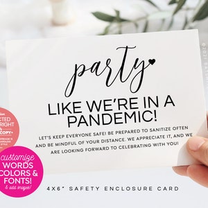 Covid Safety Card Printable, Download Instantly, 4x6", Party Like We're In a Pandemic! Insert in invitation, place on tables or hand out!