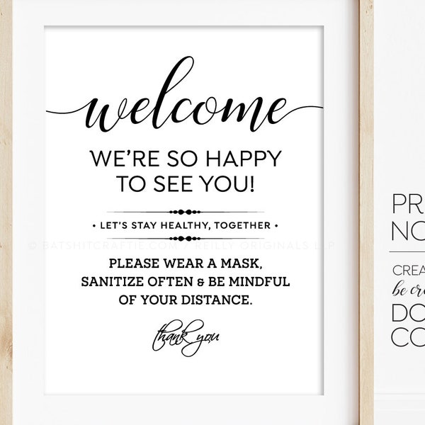 Please Wear a Mask Sanitize Social Distance PRINTABLE sign ~ boutique restaurant cute wash hands elegant salon wedding party poster required