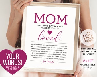 Customizable Mom Gift ~ Reasons You are Loved ~ Self-Editable 8x10" Template ~ Instantly download, print + gift! Smile Files ~ SmileFiles™