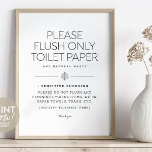 Cartello stampabile "Solo carta igienica e rifiuti naturali" ~ Design moderno ed elegante ~ 4x6, 5x7 + 8x10" inclusi ~ Per casa, Airbnb e ufficio