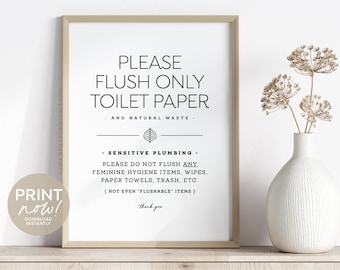 May include: A printable sign with a beige frame and white background. The sign reads "Please flush only toilet paper and natural waste. Sensitive plumbing. Please do not flush any feminine hygiene items, wipes, paper towels, trash, etc. (Not even "flushable" items) Thank you."