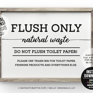 Ne pas rincer le papier toilette IMPRIMABLE Signe de salle de bain Système septique Plomberie sensible Chasse d'eau uniquement Pee Poo Déchets naturels Aucun tampon décor sanitaire