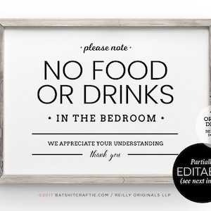 No Food or Drink in the Bedroom Editable Printable Sign ~ Instant Digital Download for Rental Property + Airbnbs ~ Cute elegant guest decor