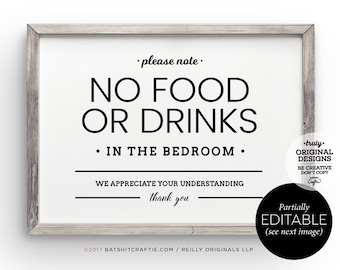 No Food or Drink in the Bedroom Editable Printable Sign ~ Instant Digital Download for Rental Property + Airbnbs ~ Cute elegant guest decor