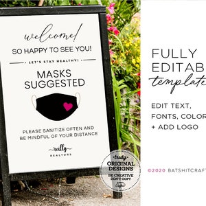 Fully Editable Printable Template for 24x36&quot; A-Frame Sidewalk Sign ~ Add logo + more! Custom Cute Mask Sanitize Distance Safety Signage