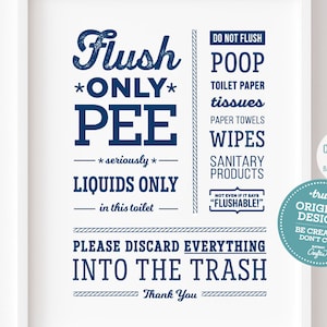 Cute Nautical Boat Printable Bathroom Sign ~ Flush Pees Only ~ No Poop, Toilet Paper wipes sanitary products ~ Liquids Only ~ Septic System