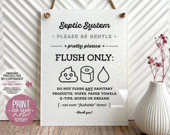 Cute Septic System Emoji Printable Sign {Protected by Copyright} ~ Print OR Ship Now! Please Be Gentle, Flush Only Pee, Poo & Toilet Paper