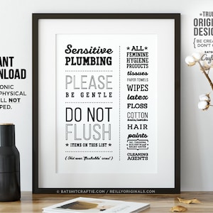 Bathroom Sign INSTANT DOWNLOAD PRINTABLE Sensitive Plumbing Septic Do not Flush System Funny decor Cute art Sanitary Feminine Tampons Toilet