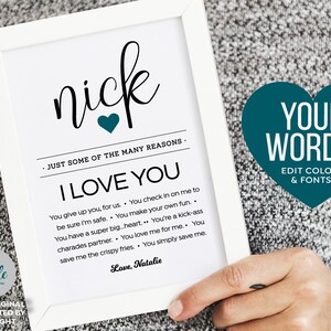 Customizable Gift for Him ~ Reasons I love you ~ Self-Editable 5x7&quot; Template ~ Instantly download, print + gift! Personalized SmileFiles™