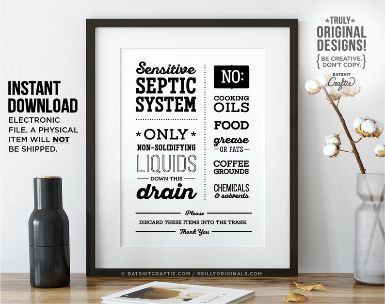 Septic System PRINTABLE Kitchen Sign Sink No Food Grease | Etsy