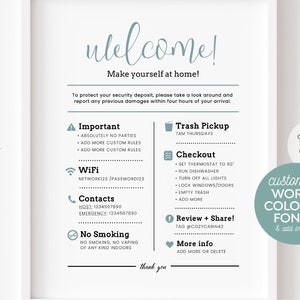 Fully Editable 8x10" Printable Template ~ Welcome Sign + Rules ~ for Airbnb, Rental ~ Change all words, colors, fonts! {Create ONE design}