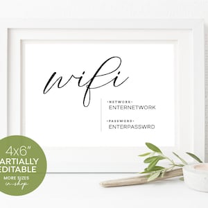 Custom Wifi Password Partially Editable Template ~ 4x6&quot; ~  Cute modern script sign for home, airbnb and office