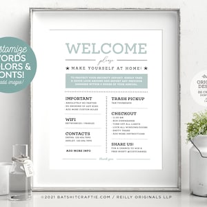 Fully Editable 8x10" Printable Template ~ Welcome Sign + Rules ~ for Airbnb, Rental ~ Change all words, colors, fonts! {Create ONE design}
